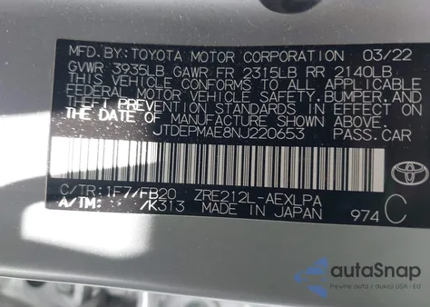2022 Toyota Corolla Le from USA, damaged, VIN JTDEPMAE8NJ220653